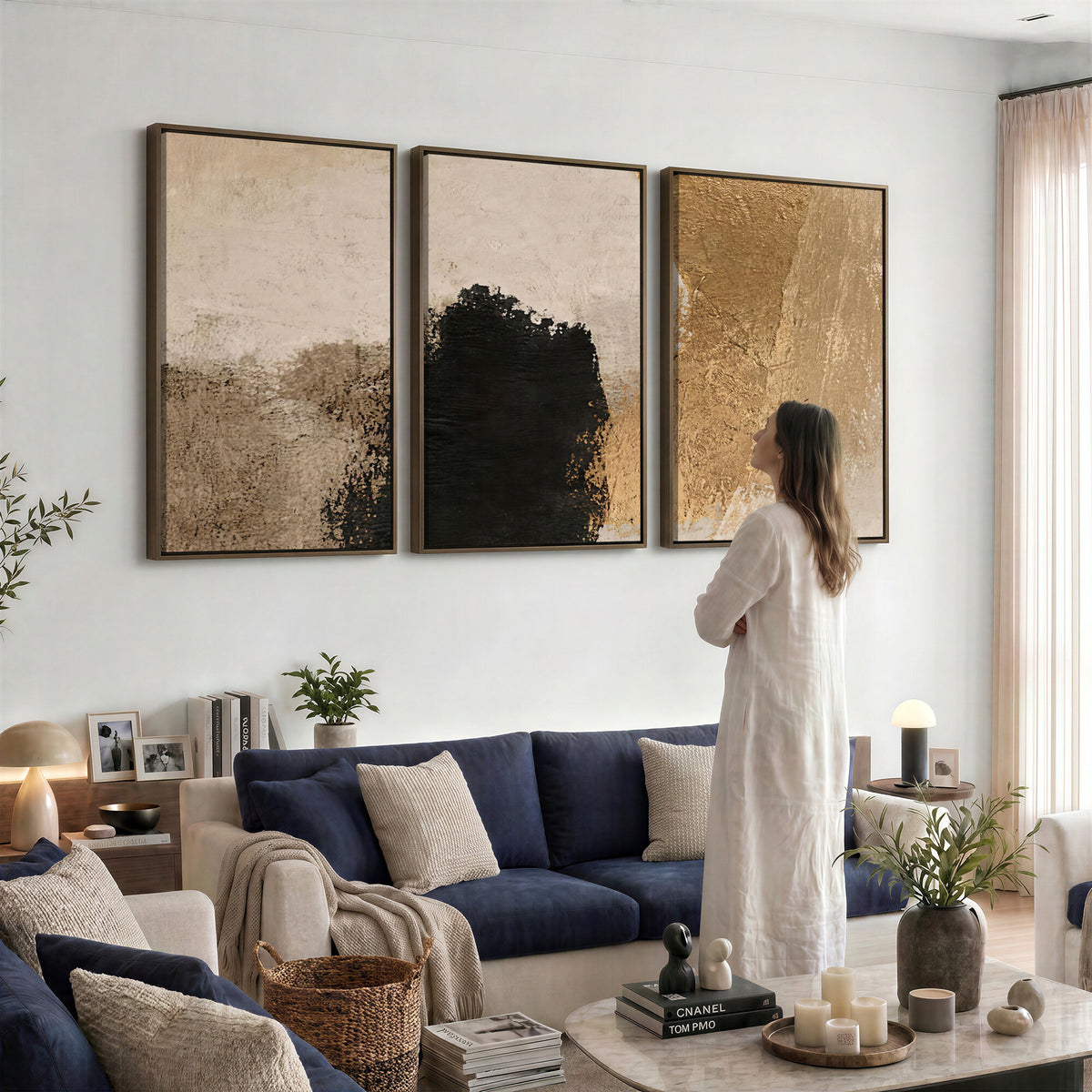 36003778-MGV-CV-48X32-3P - Mid Century Modern Geometric Canvas Wall Art, Abstract Triptych Print
