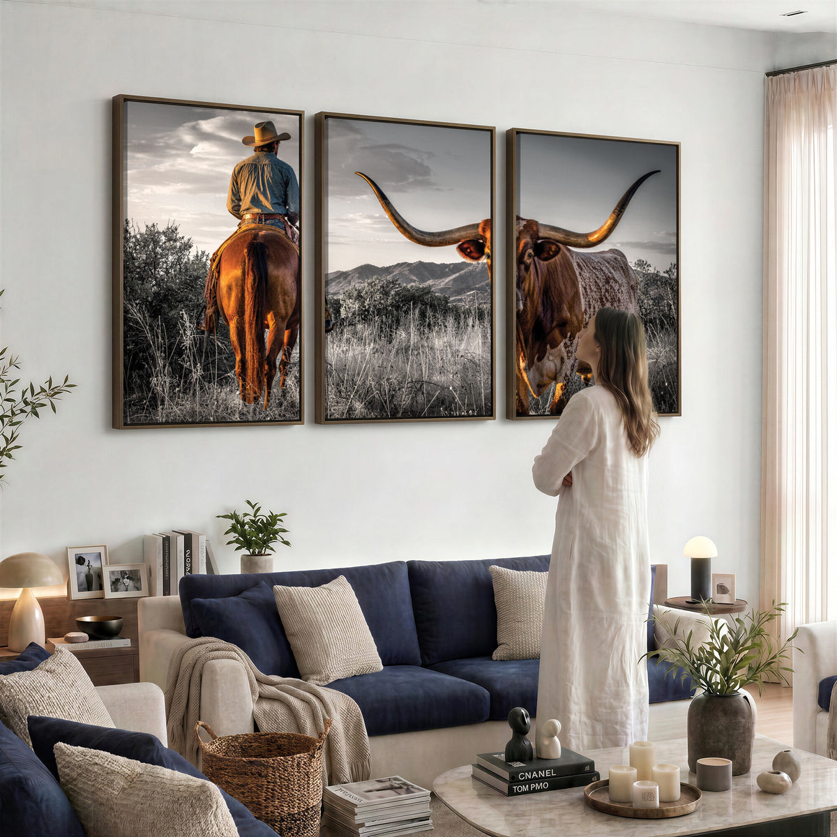 17066920-MGV-CV-60X30-3P - Extra Large Cowboy and Longhorn Wall Art Canvas Print