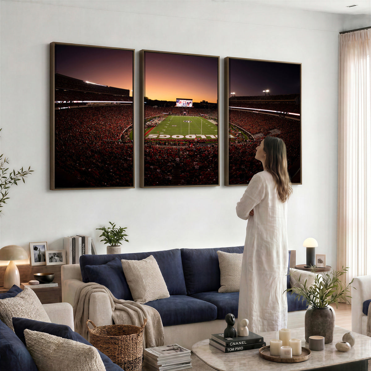 97720998-_Poster-30x20 - Georgia Bulldogs Stadium Sunset Canvas Print 3 Piece Framed Wall Art Extra Large Floating Frame Sports Poster Made in USA