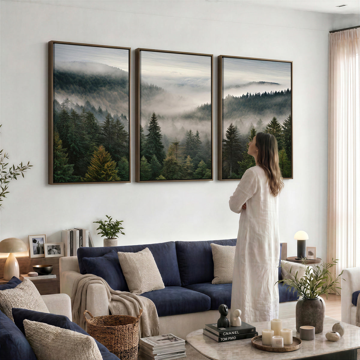 38409495-_Poster-30x20 - Misty Pine Valley Mountain Canvas Print 3 Piece Framed Wall Art Extra Large Floating Frame Nature Poster Made in USA