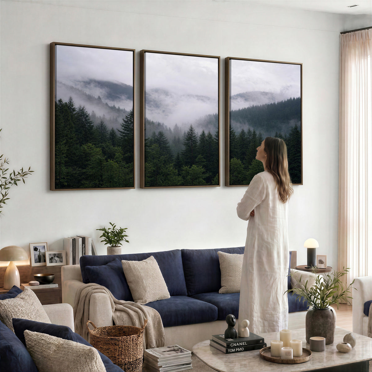 25432119-_Poster-30x20 - Misty Mountain Pine Forest Canvas Print 3 Piece Framed Wall Art Extra Large Floating Frame Nature Poster Made in USA