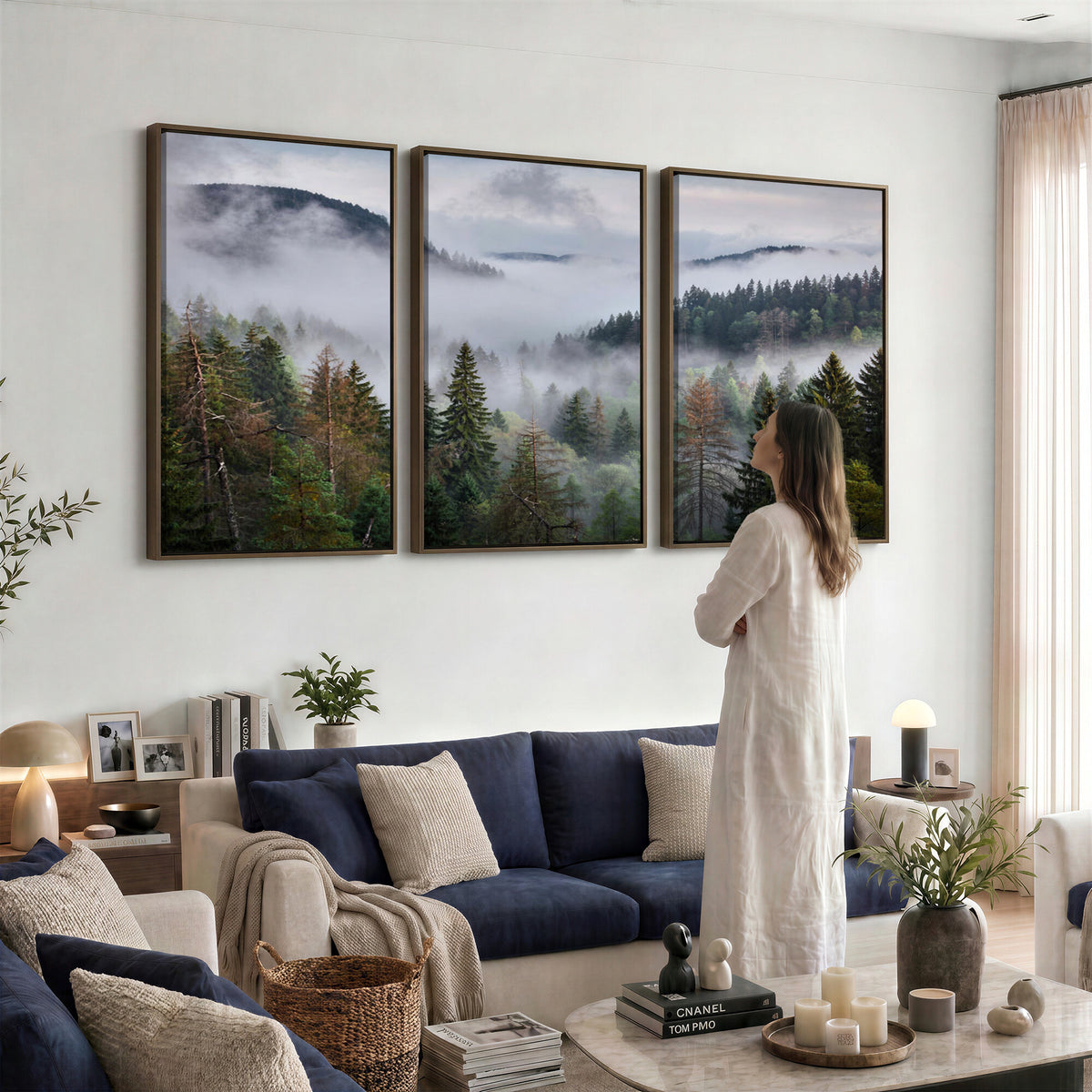 18735847-_Poster-30x20 - Foggy Pine Forest Mountain Canvas Print 3 Piece Framed Wall Art Extra Large Floating Frame Nature Poster Made in USA