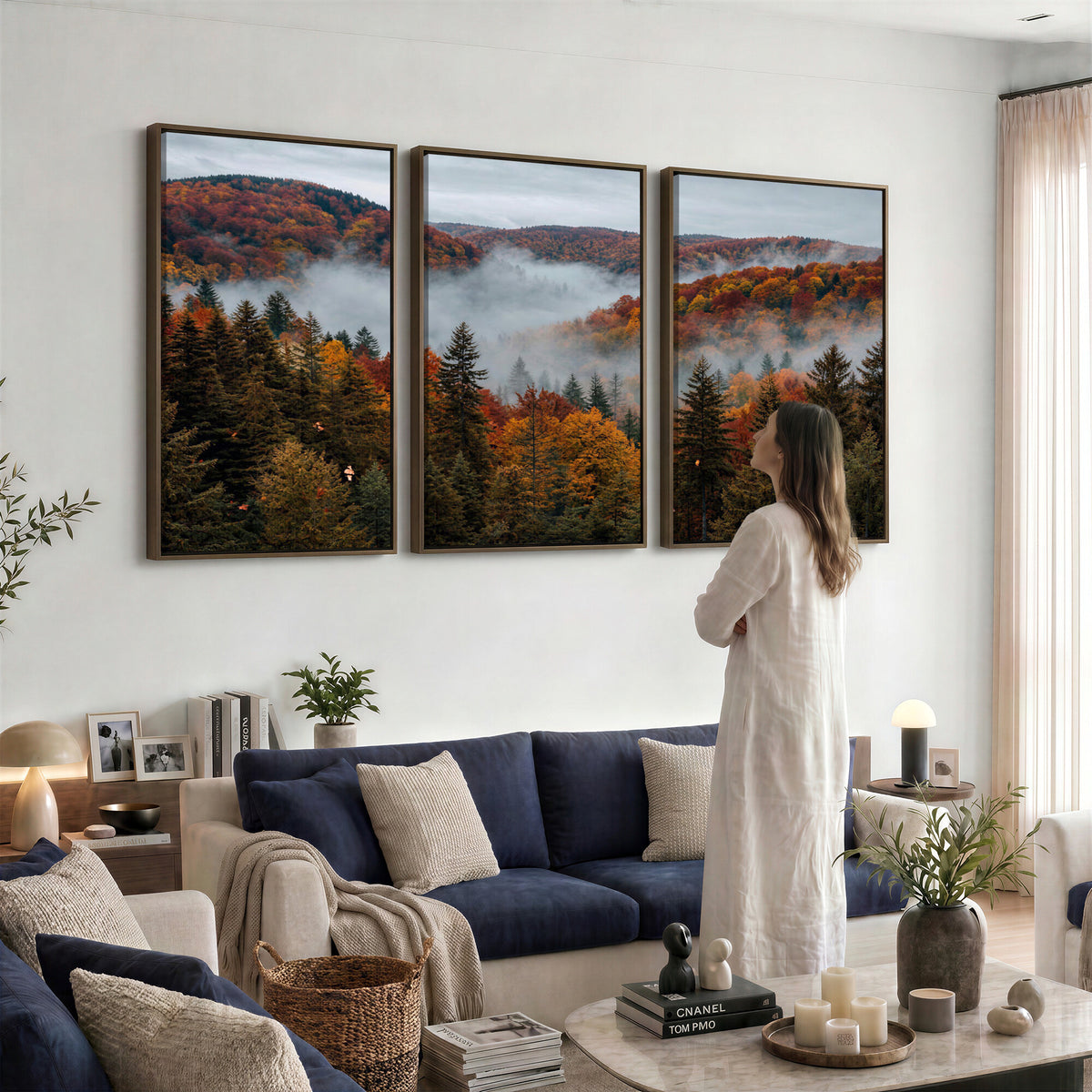 26686263-_Poster-30x20 - Misty Autumn Forest Mountain Canvas Print 3 Panel Wall Art Gallery Wrapped Floating Frame Poster Made in USA