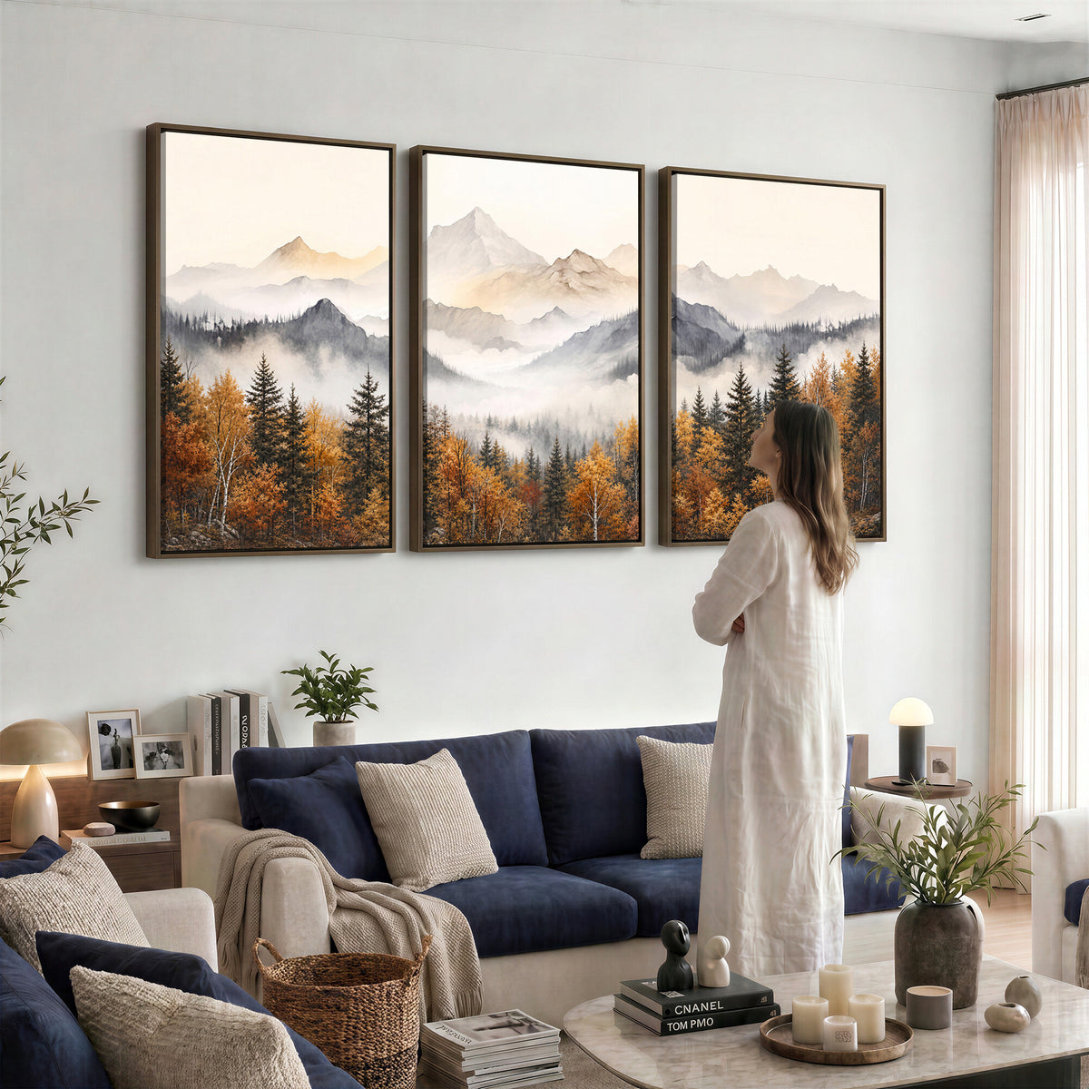 19544118-MGV-TP-30X20 - Misty Mountain Autumn Forest Canvas Wall Art - Watercolor Fall Nature Landscape Print