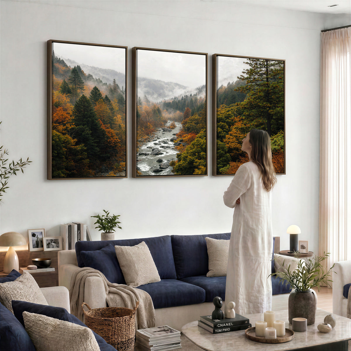 95540697-MGV-TP-30X20 - Misty River Mountain Valley Canvas Wall Art - Autumn Forest Landscape Nature Print