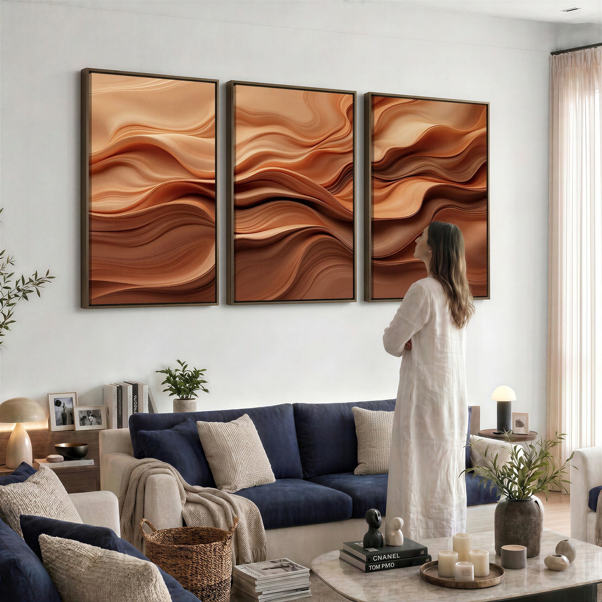 82230697-_Poster-30x20 - Modern Abstract Fluid Waves Canvas Wall Art - Minimalist Warm Terracotta Beige Sand Print