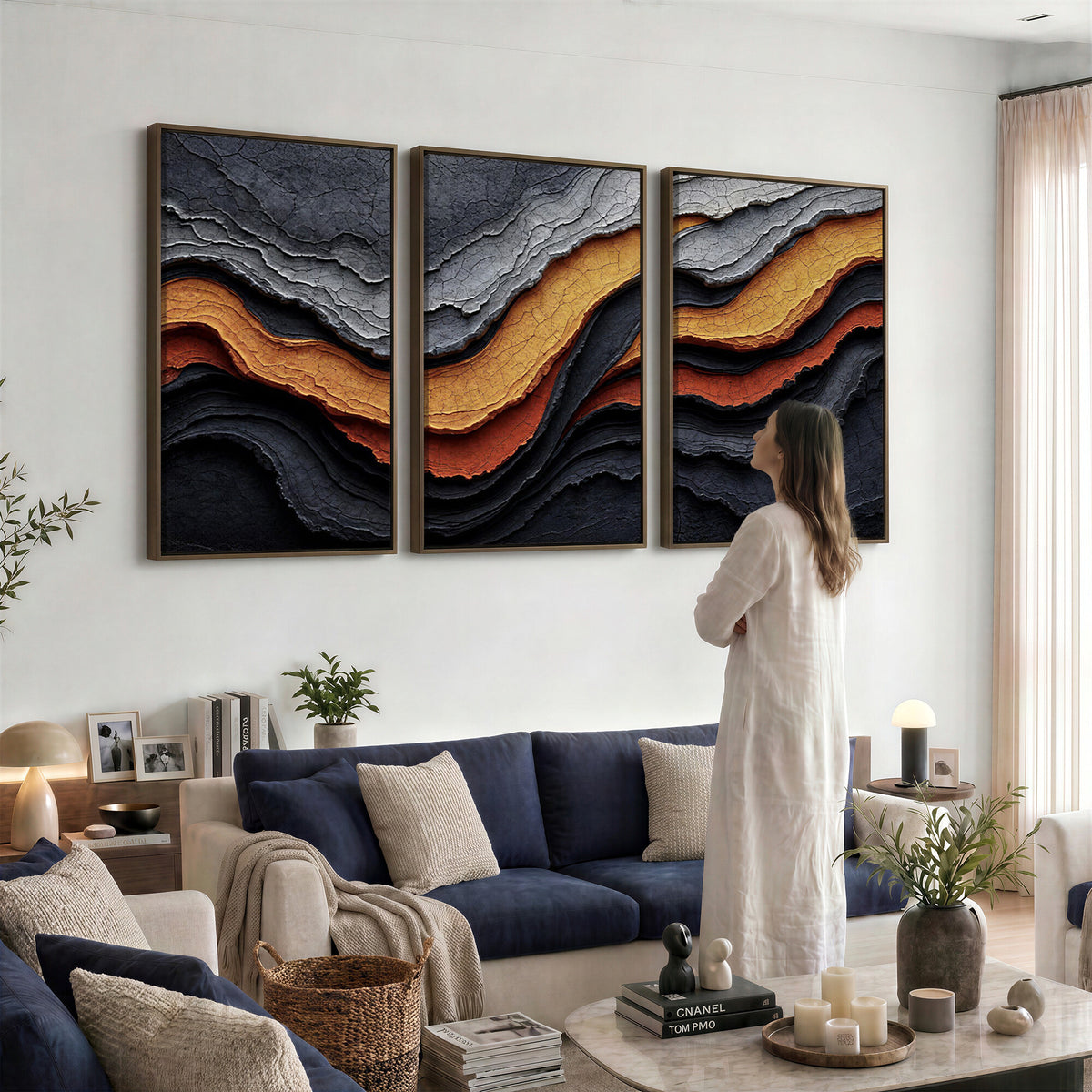 59852489-MGV-CV-36X24 - Abstract Waves Canvas Wall Art - Modern Terracotta and Charcoal Gray Print