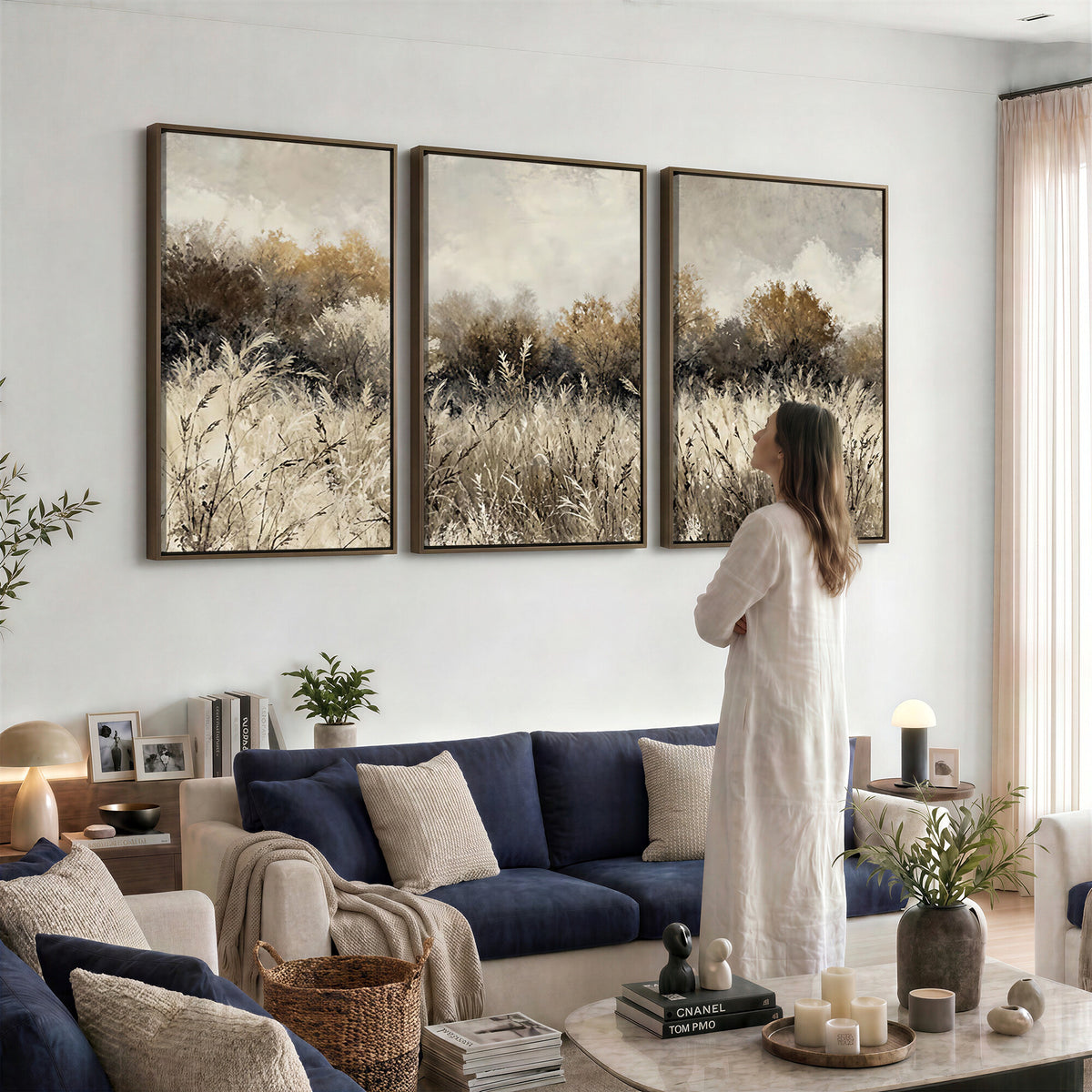 53959945-MGV-TP-30X20 - Muted Neutral Forest Landscape Canvas Wall Art - Vintage Rustic Wildflower Meadow Print
