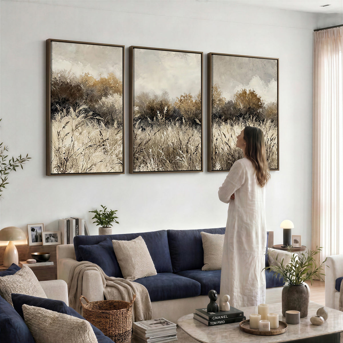 53959945-_Poster-30x20 - Muted Neutral Forest Landscape Canvas Wall Art - Vintage Rustic Wildflower Meadow Print