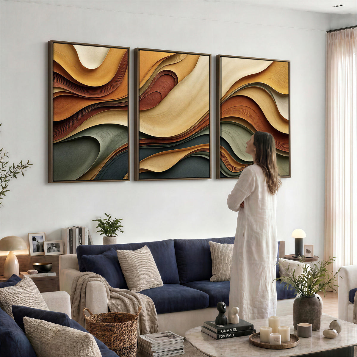 19337902-MGV-CV-36X24 - Modern Abstract Waves Canvas Wall Art - Minimalist Earthy Tone Living Room Decor