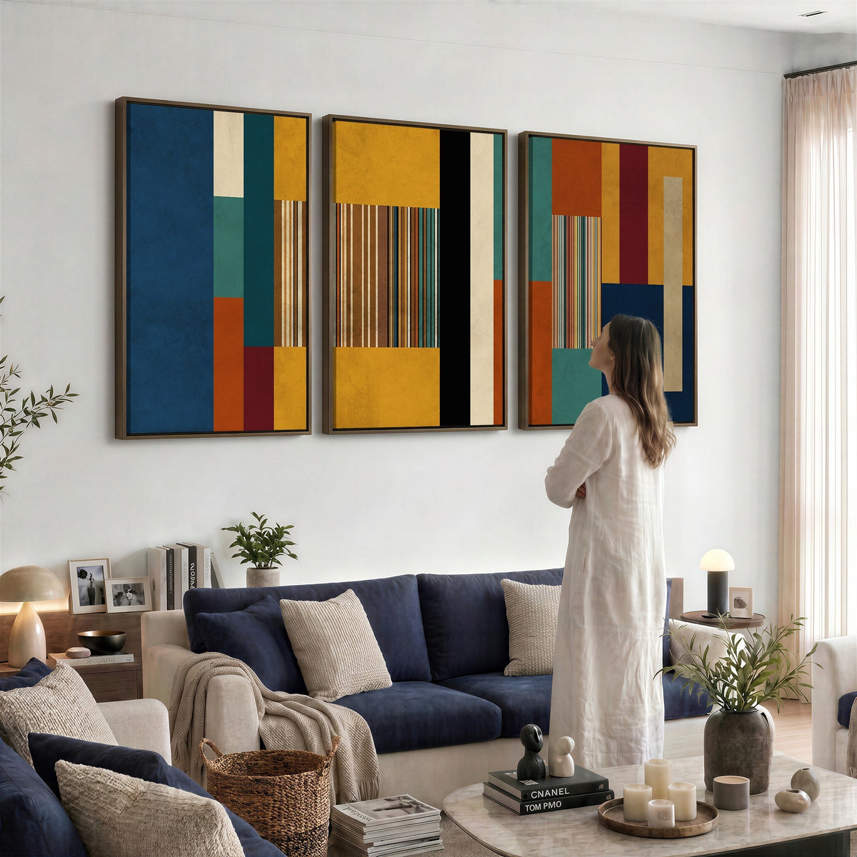 53992657-MGV-CV-48X32-3P - Mid Century Abstract Color Block Canvas Wall Art, Geometric Striped Canvas Print