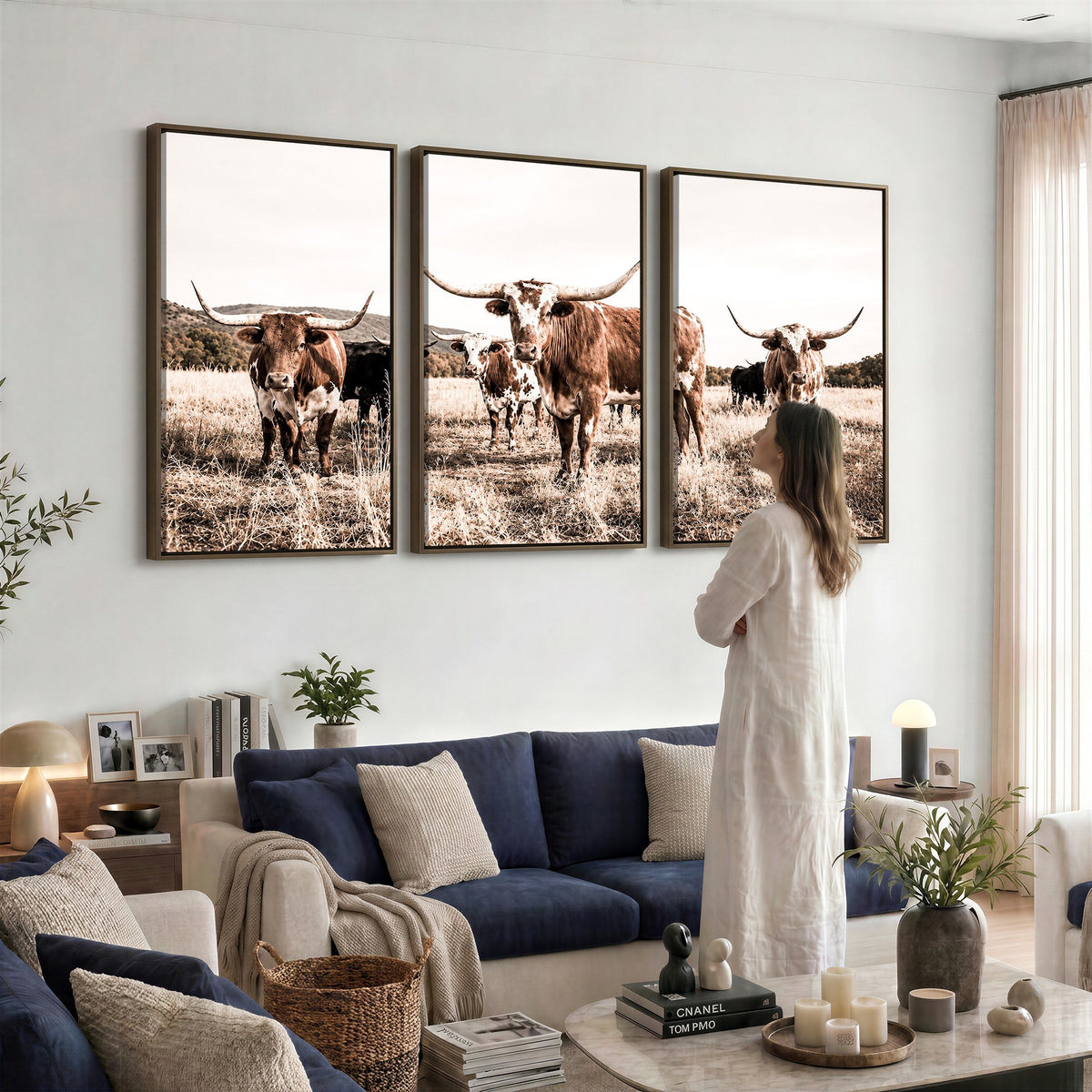 25234808-MGV-CV-48X32-3P - Texas Longhorn Cattle Canvas Wall Art, Western Ranch Home Decor