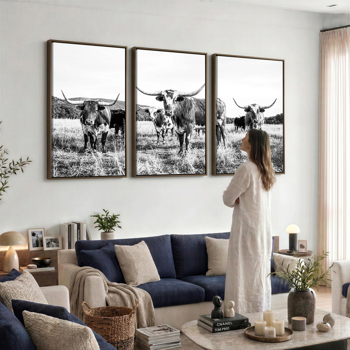 73228277-MGV-CV-48X32-3P - Black and White Longhorn Cattle Canvas Print, Western Ranch Wall Decor
