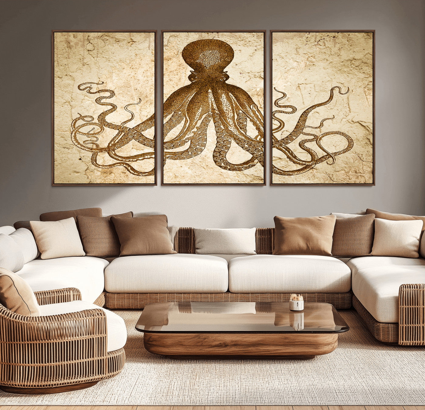 MGV-FC-60X30-3P - Sepia Octopus Wall Art Abstract Animal Canvas Print