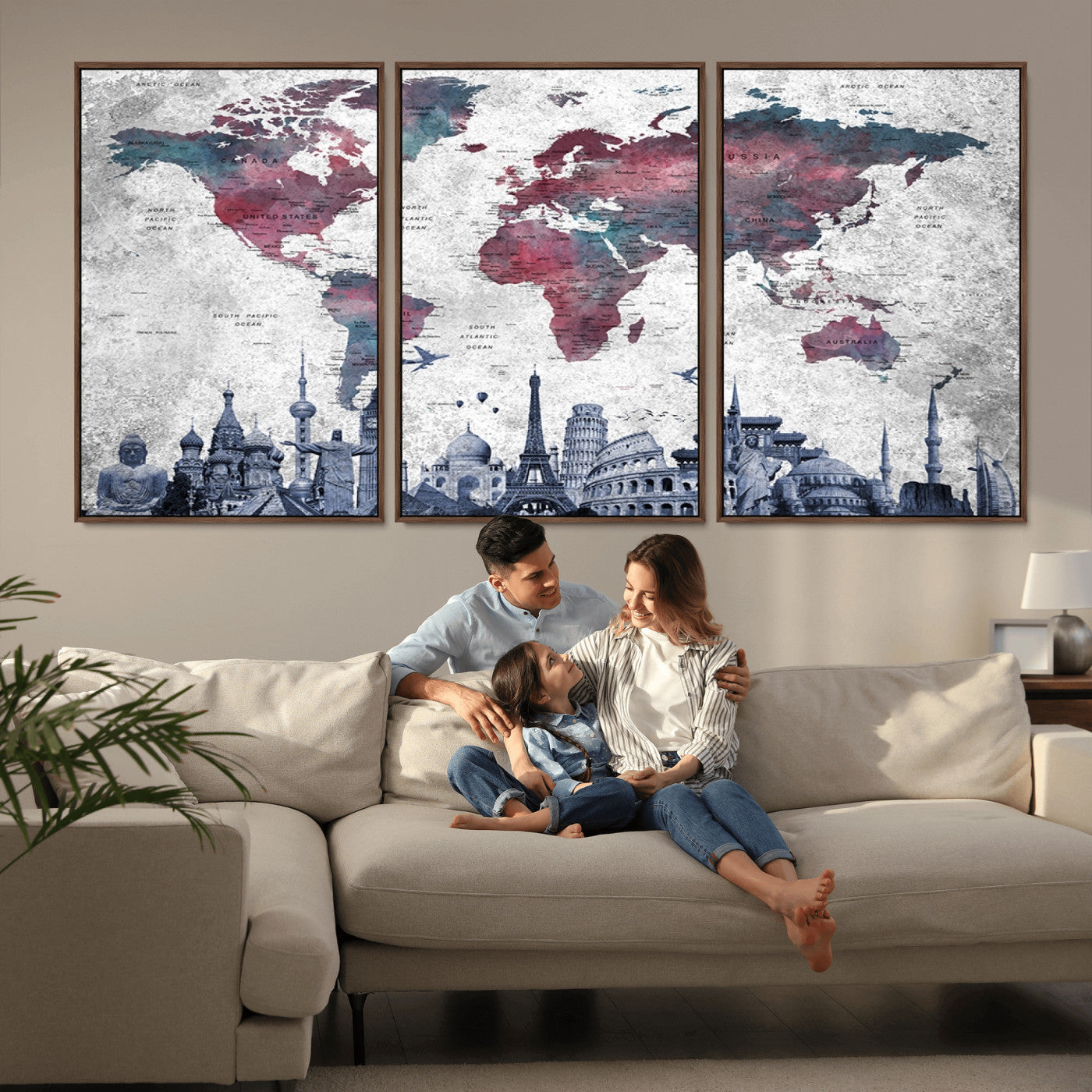 MGV-FC-60X30-3P - Push Pin World Map Canvas Print – Framed Wall Art for Couples to Track Their Travels – Anniversary