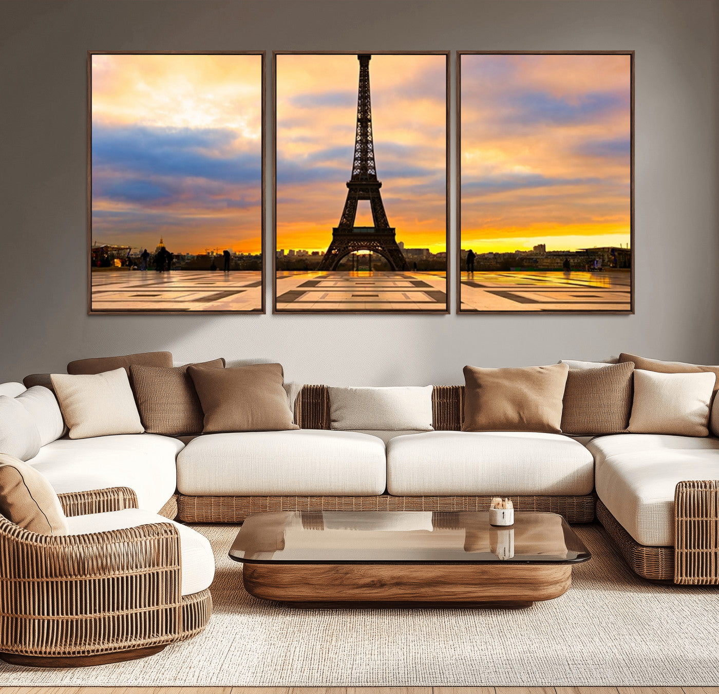 MGV-FC-60X30-3P - Paris Eiffel Tower Sunset Canvas Wall Art Print - Iconic Landmark Decor with Vibrant Colors