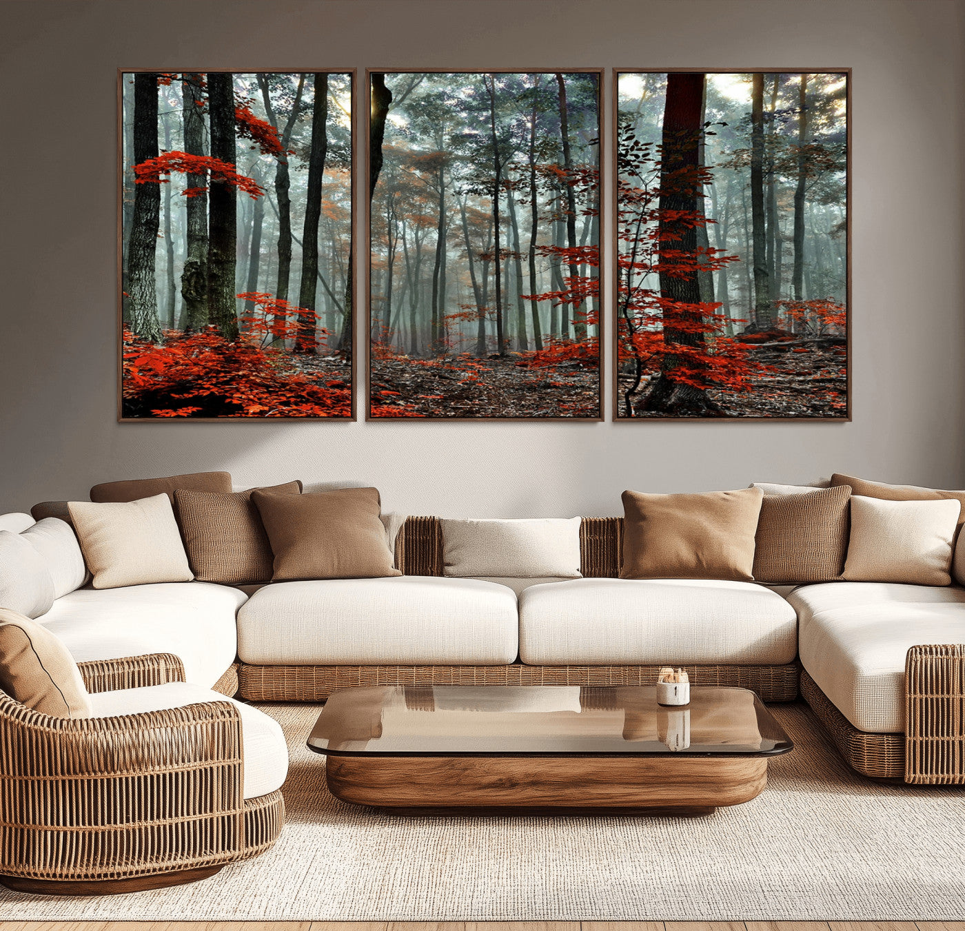 MGV-FC-60X30-3P - Autumn Forest Canvas Wall Art – Enchanting Red Leaves Triptych Print – Nature-Inspired Decor for
