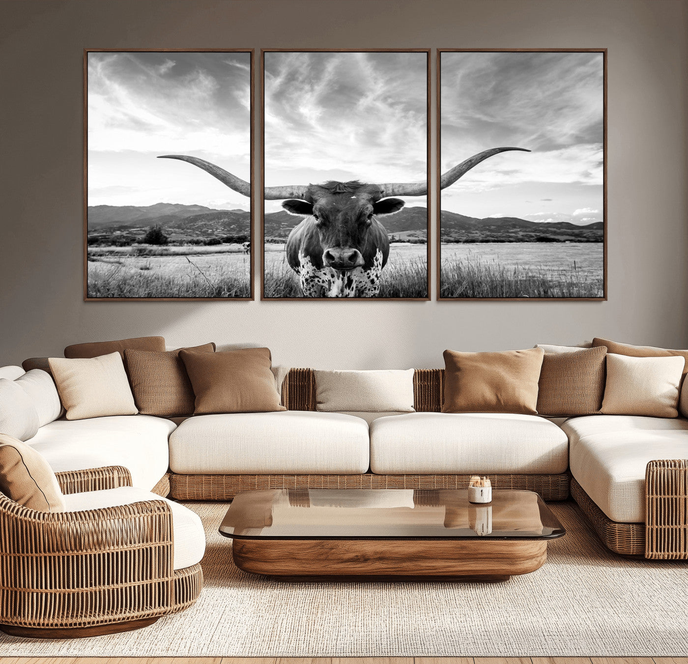 MGV-FC-60X30-3P - Longhorn Cow Wall Art Canvas Print Farmhouse Wall Art - Texas Longhorn Wall Art Print