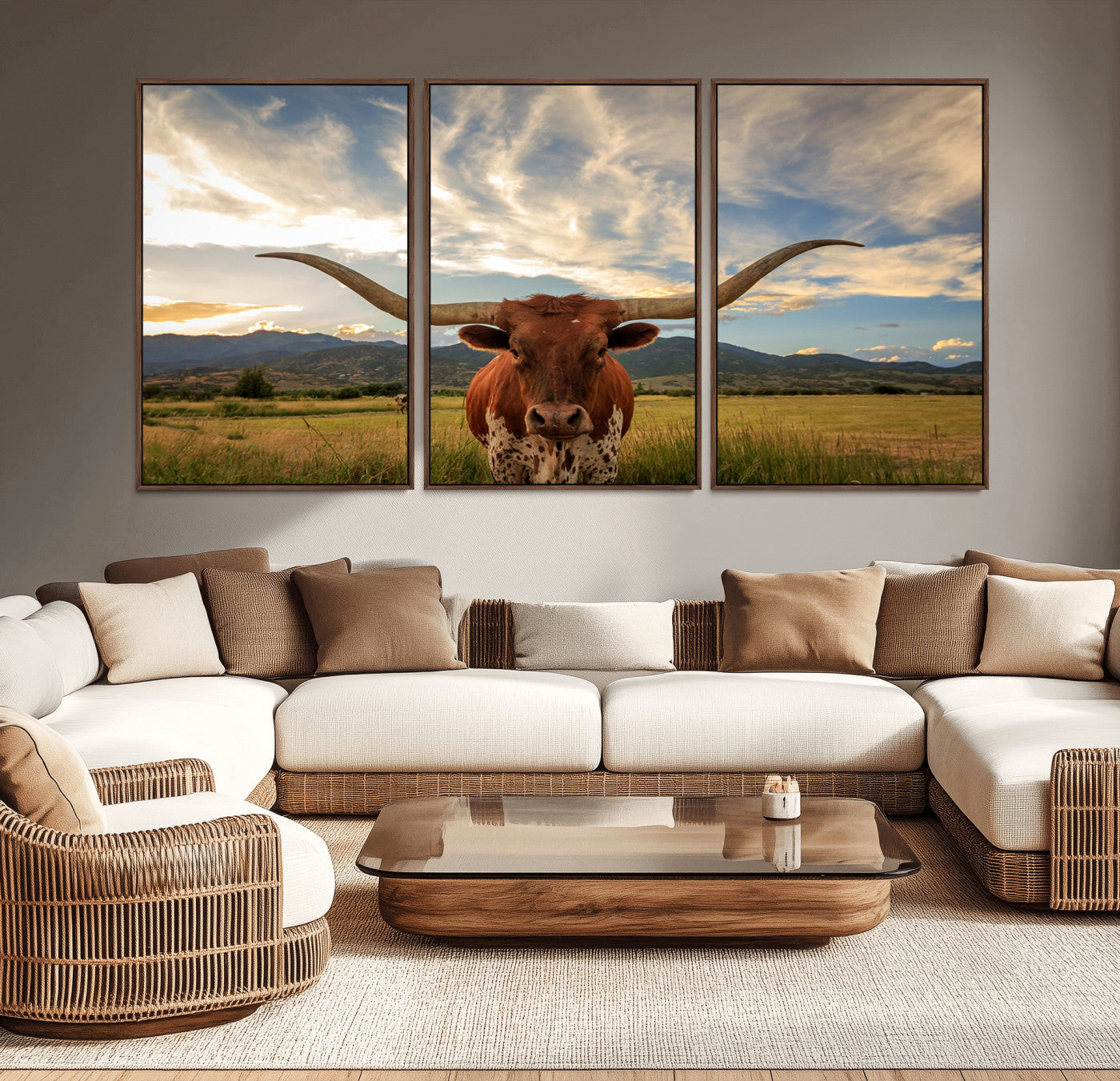 -Texas Longhorn Canvas Wall Art – Majestic Triptych Animal Print – Rustic Western Decor for Living