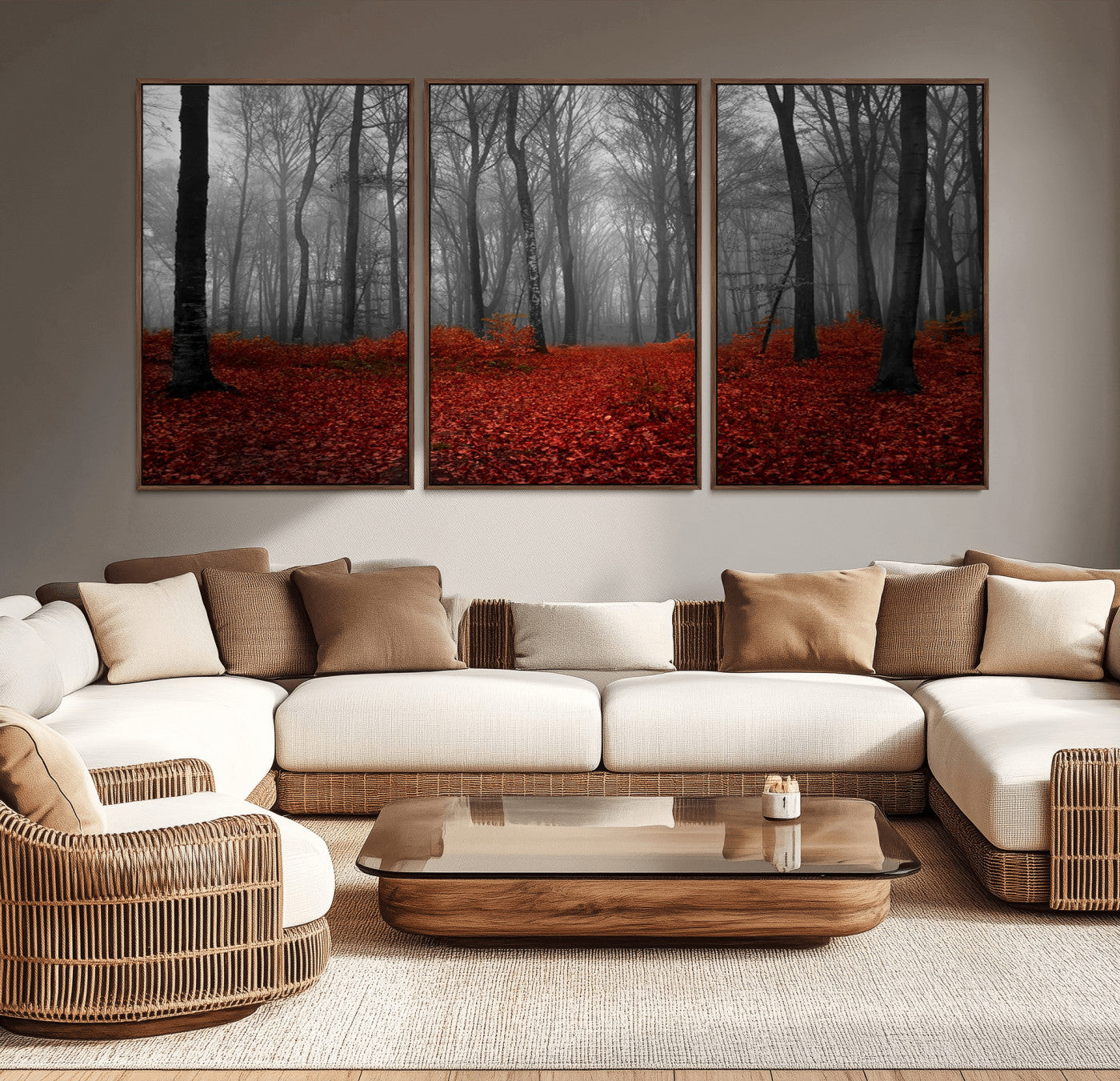 -Red Forest Floor Canvas Wall Art – Mystical Foggy Woodland Triptych – Nature-Inspired Decor for