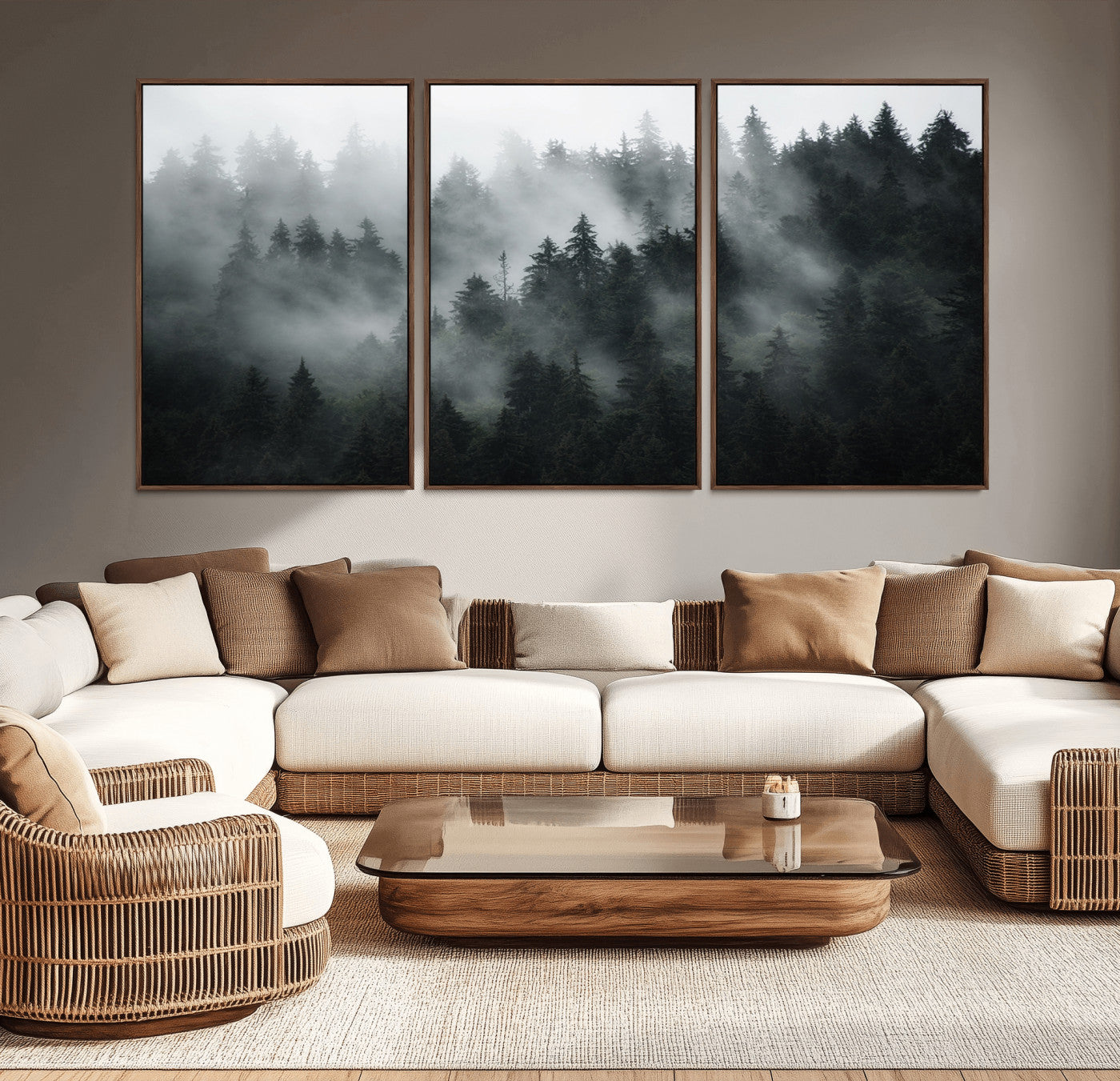52359-MGV-CV-36X24-Foggy Forest Wall Art Canvas Print | 3 Panel Large Misty Landscape for Dining Room, Office, or Living Room | Ready to Hang Nature Deco