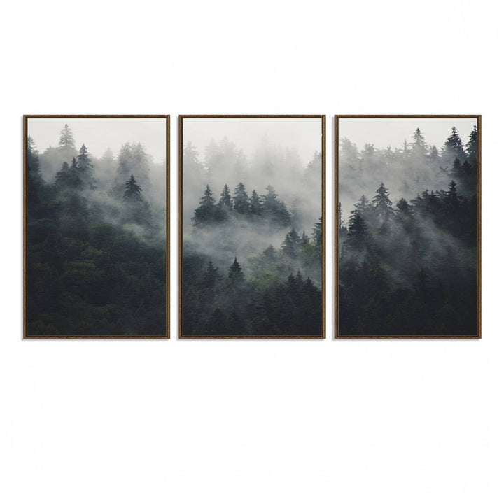 The Serene Triptych Print features tall evergreens, creating a mysterious and calming atmosphere.