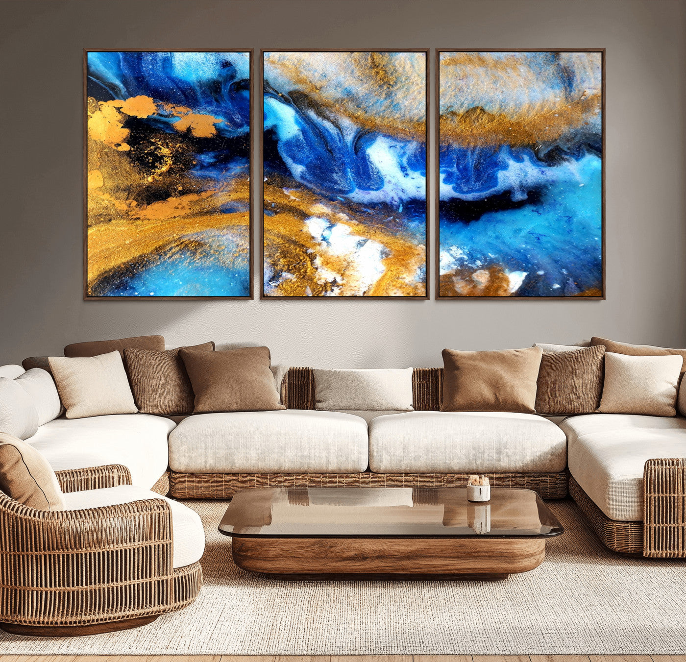 MGV-FC-60X30-3P - Blue Orange Marble Fluid Effect Canvas Wall Art Print