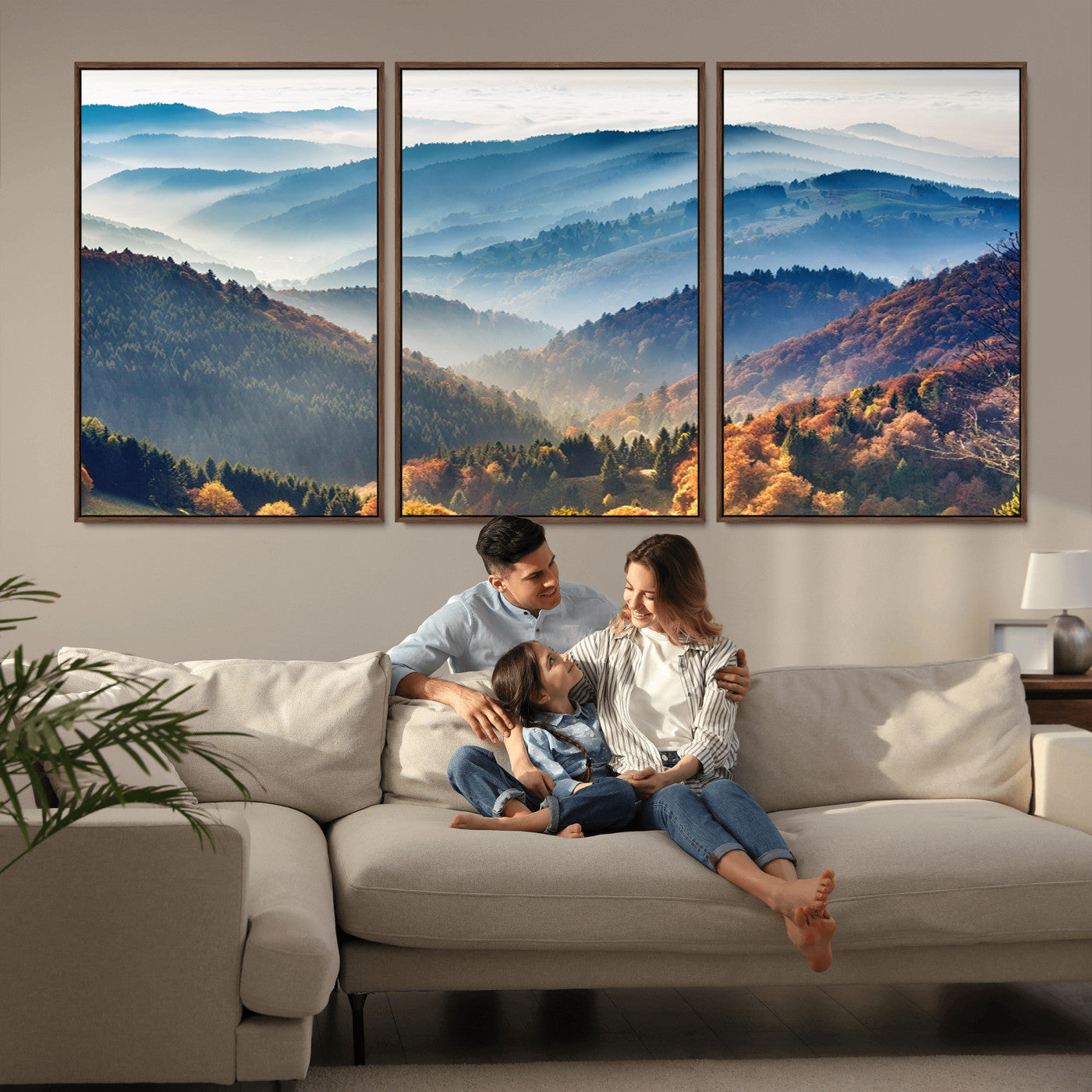 MGV-FC-60X30-3P - Misty Mountain Sunrise Triptych Canvas Print – Autumn Landscape Wall Art – Scenic Nature Decor –