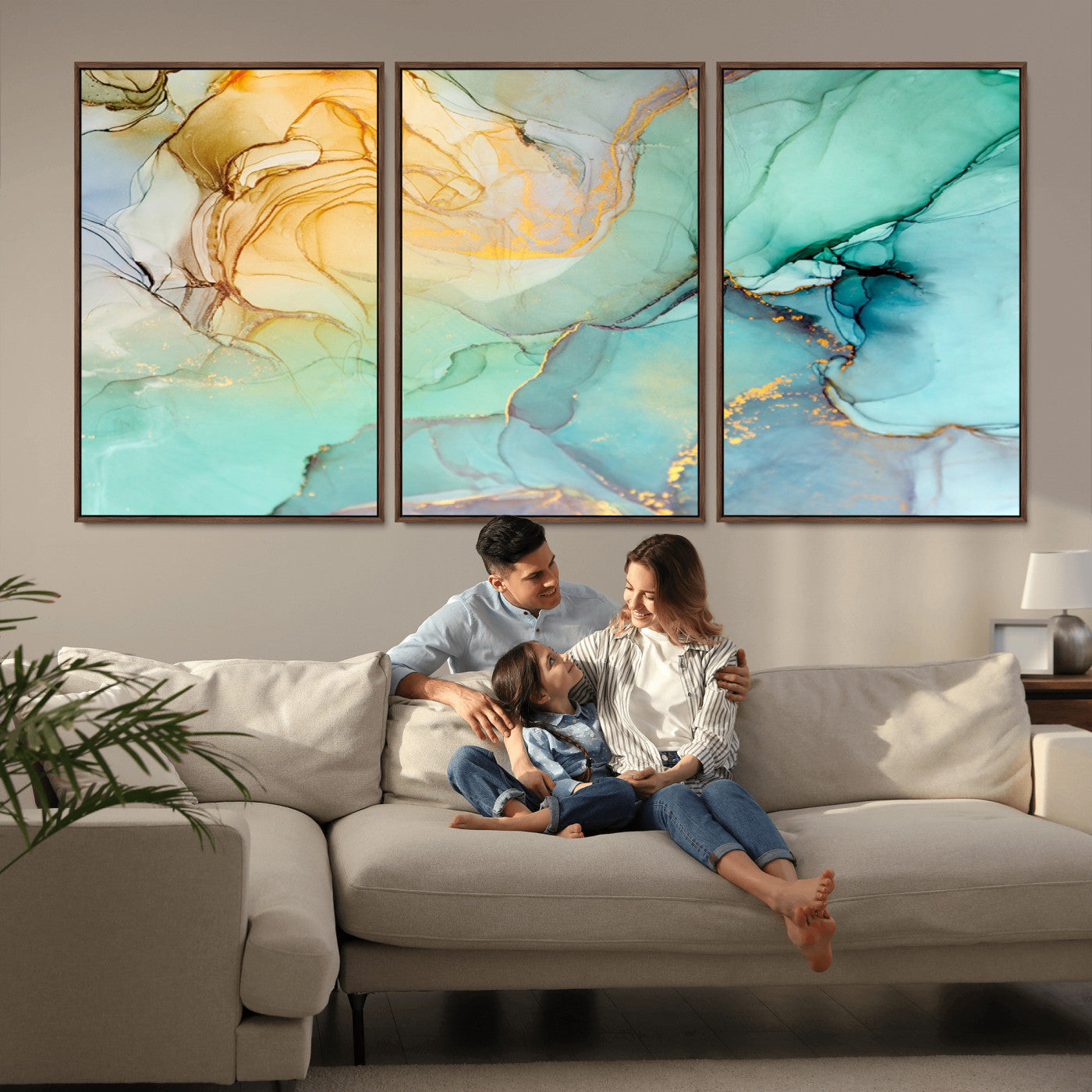 MGV-FC-60X30-3P - Abstract Aqua and Gold Fluid Wall Art Canvas | 3 Panel Large Canvas Print for Living Room, Office,