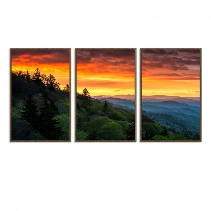 The Great Smoky Mountains Sunset Wall Art, a 3-panel print, beautifully captures natures beauty and is perfect for living room or office decor.