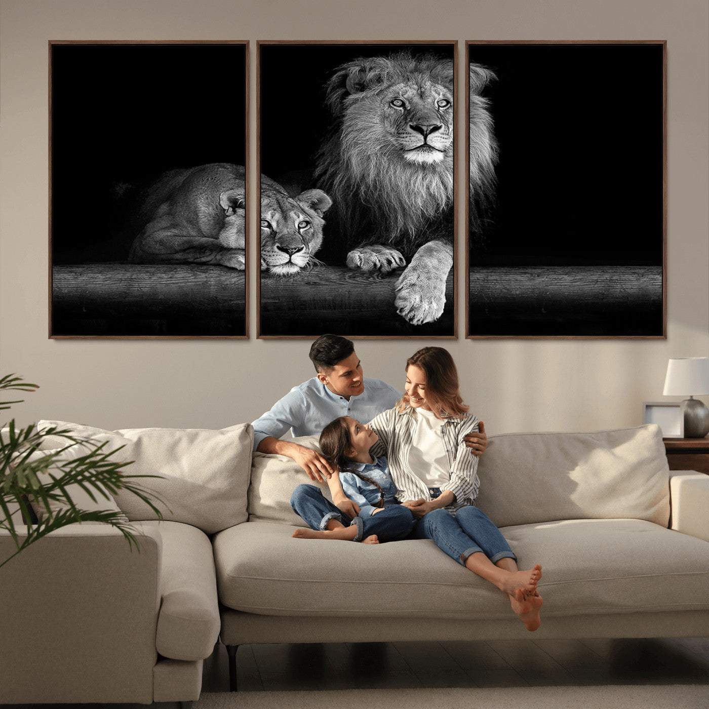 MGV-FC-60X30-3P - Large Black and White Lion Couple Wall Art Canvas Print