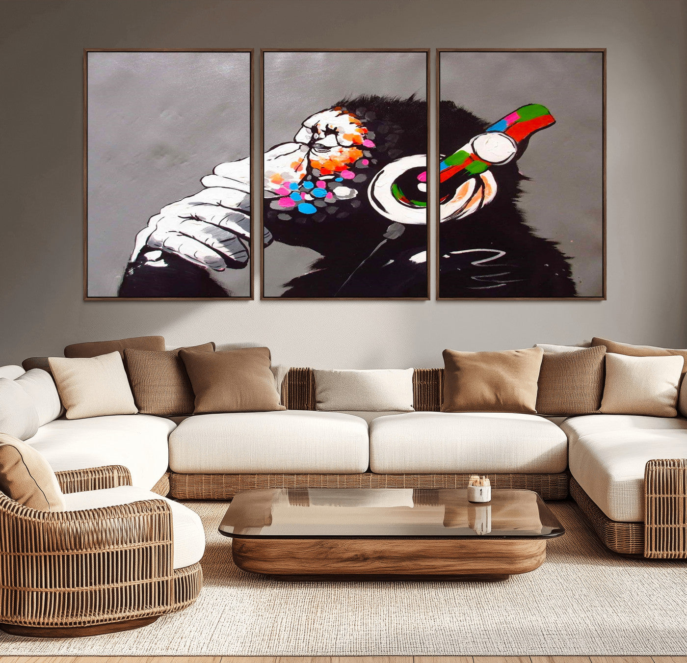 -Dj Monkey Listening to Music Wall Art Print | Banksy Monkey Large Canvas Print for Living Room,