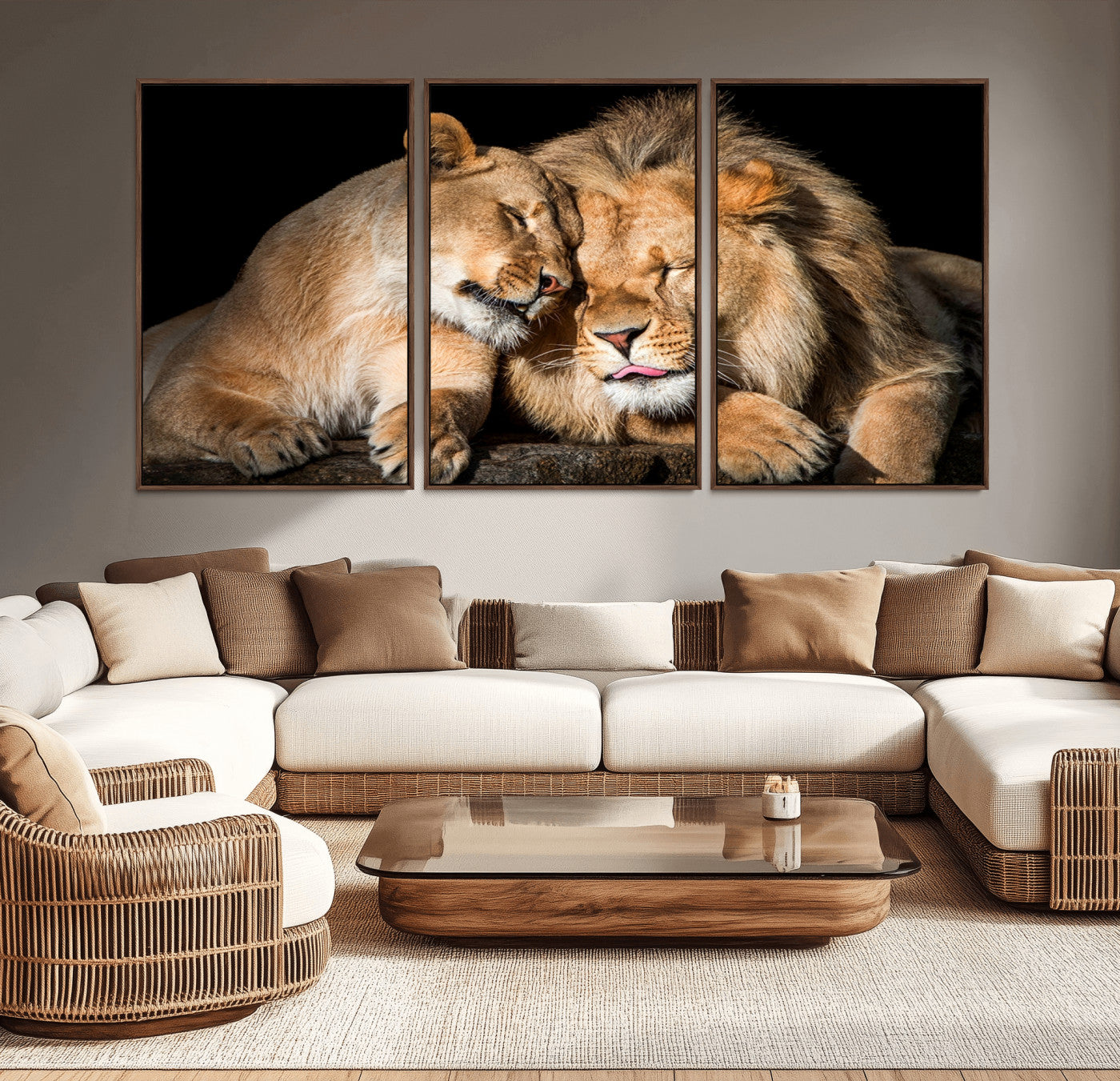 MGV-FC-60X30-3P - Lion and Lioness Wall Art Print Canvas | 3-Panel African Wildlife Canvas Print | Animal-Themed Art