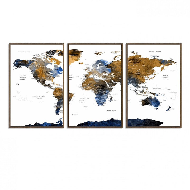 The Triptych Modern World Map Canvas in blue and brown is an ideal global decor piece for enhancing living rooms or offices. It comes ready to hang.