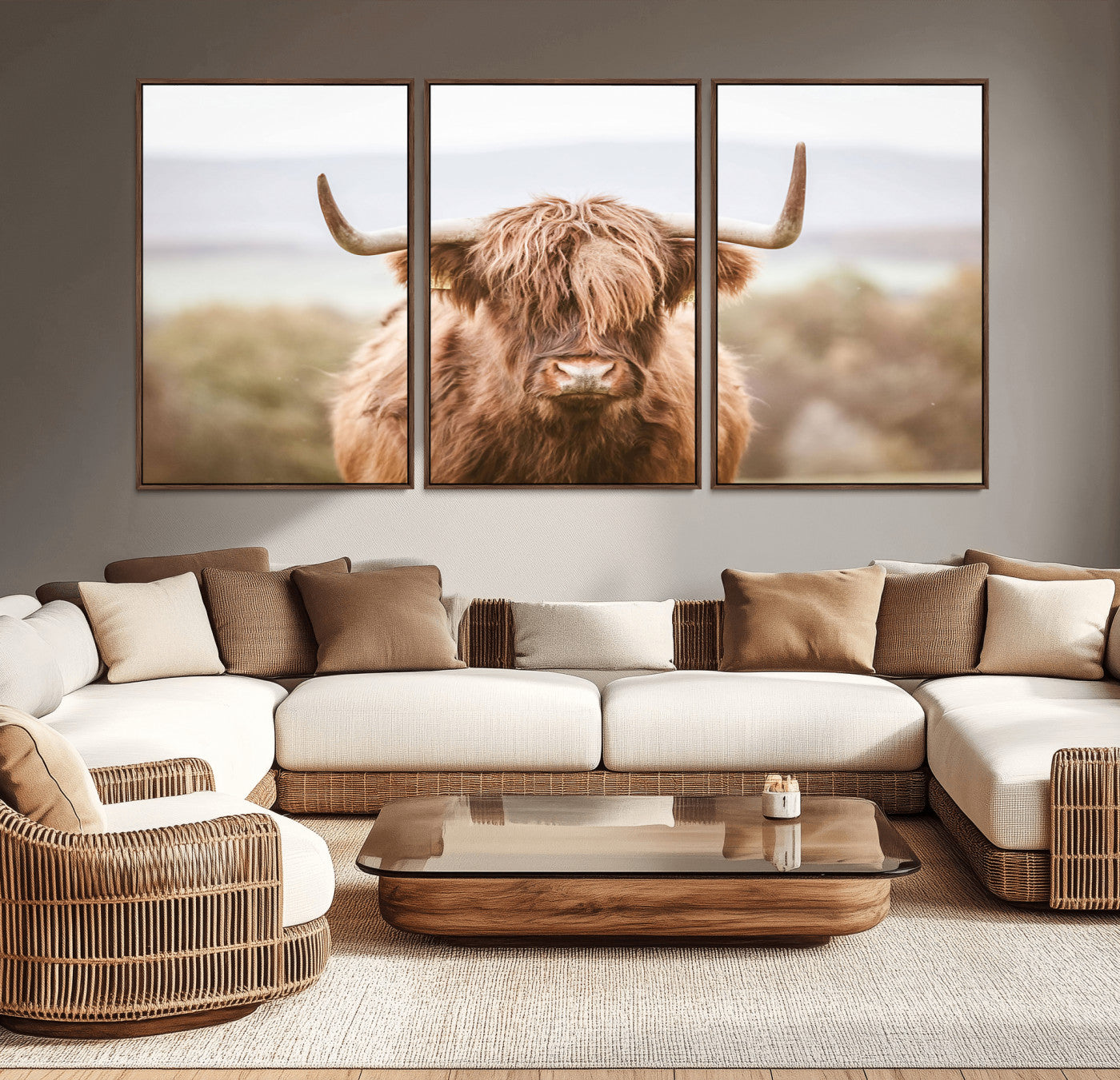 MGV-FC-60X30-3P - Scottish Serene Highland Cow Canvas Wall Art – Serene Highland Cow in Natural Pastel Tones – Ready