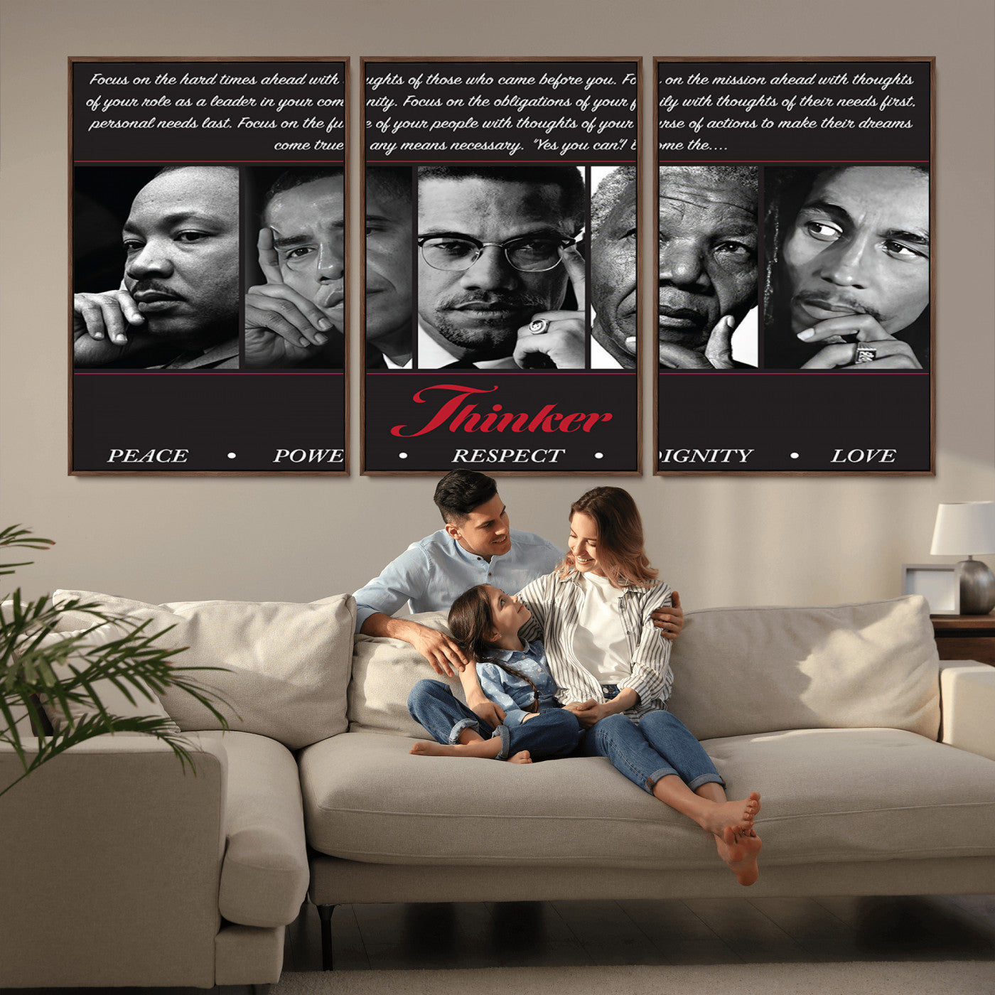 MGV-FC-60X30-3P - Thinker Quintet Canvas Wall Art – Martin, Obama, Malcolm X, Mandela, Marley Featuring Peace, Power,