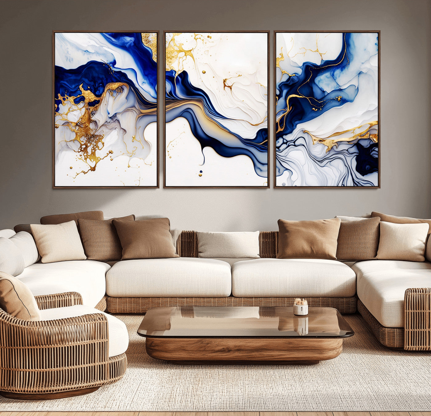 MGV-FC-60X30-3P - Golden Cascades on Midnight Blue – Deep Blue Abstract Wall Art Flowing Elegance | Wall Art Canvas,