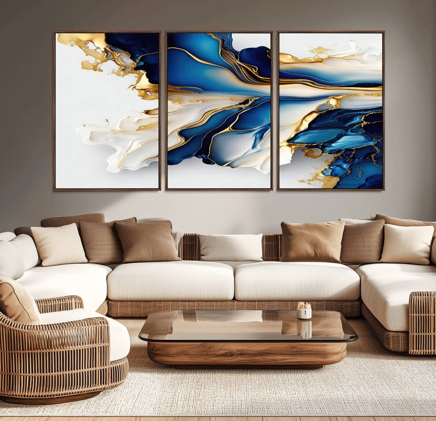 MGV-FC-60X30-3P - Gold Marble Art - Abstract Geode Gold And Blue Marble Shape 3 Pieces Wall Art Canvas Print
