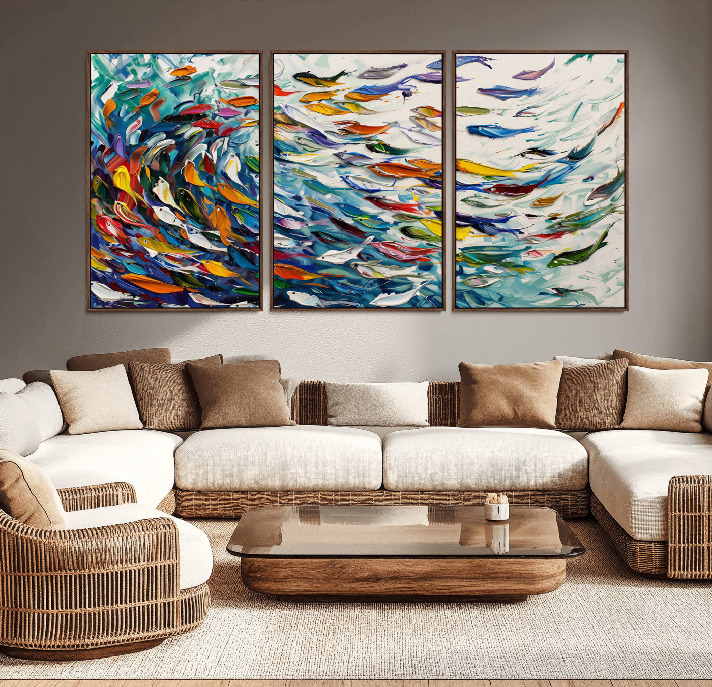 MGV-FC-60X30-3P - Modern Abstract Fish Shoal Wall Art Canvas Print, Colorful Fish Herd Painting on Canvas Print, Ocean
