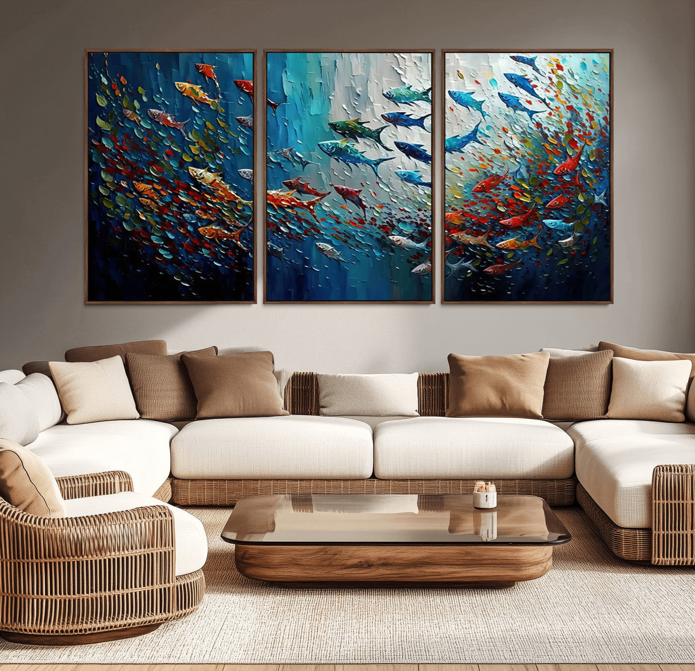 MGV-FC-60X30-3P - Modern Abstract Fish Shoal Wall Art Canvas Print, Colorful Fish Herd Painting on Canvas Print, Ocean