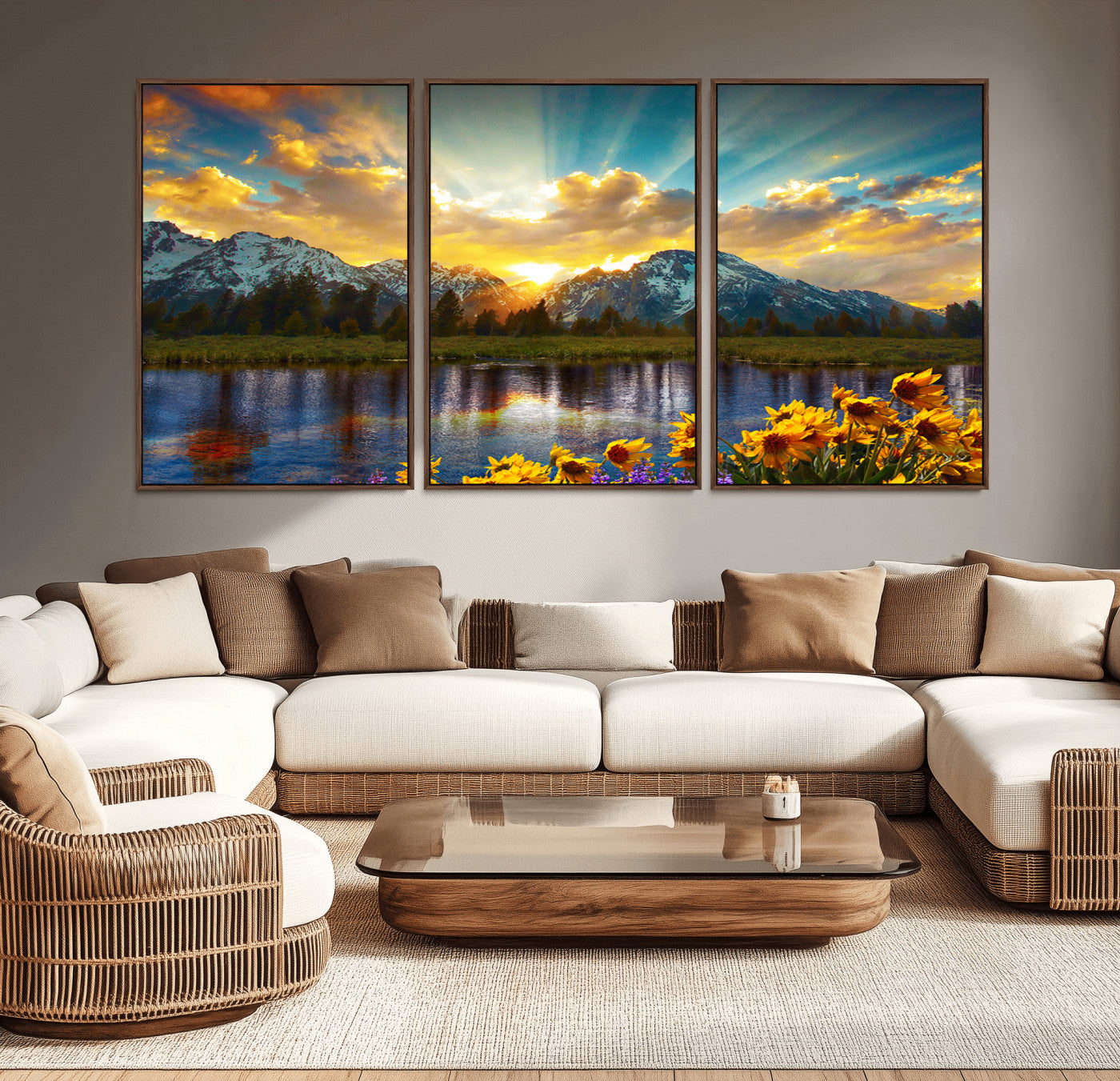 MGV-FC-60X30-3P - Grand Teton Park Amazing Mountain Landscape Sunset Wall Art Canvas Print