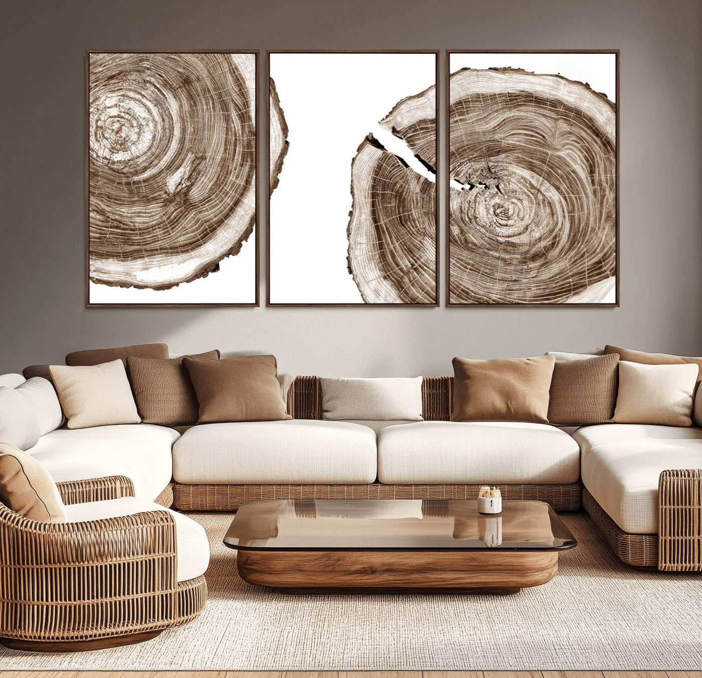 MGV-FC-60X30-3P - Wood Tree Ring Wall Art Canvas Prints, Tree Rings – Minimalist Black and White Wood Art | Triptych