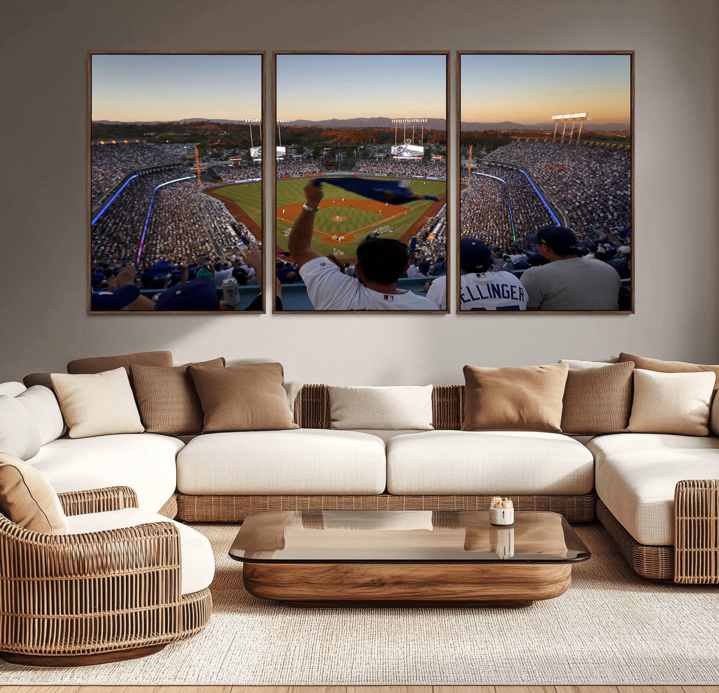 MGV-FC-60X30-3P - Dodger Stadium Sunset Game Triple Canvas Wall Art - Los Angeles Dodgers MLB Match