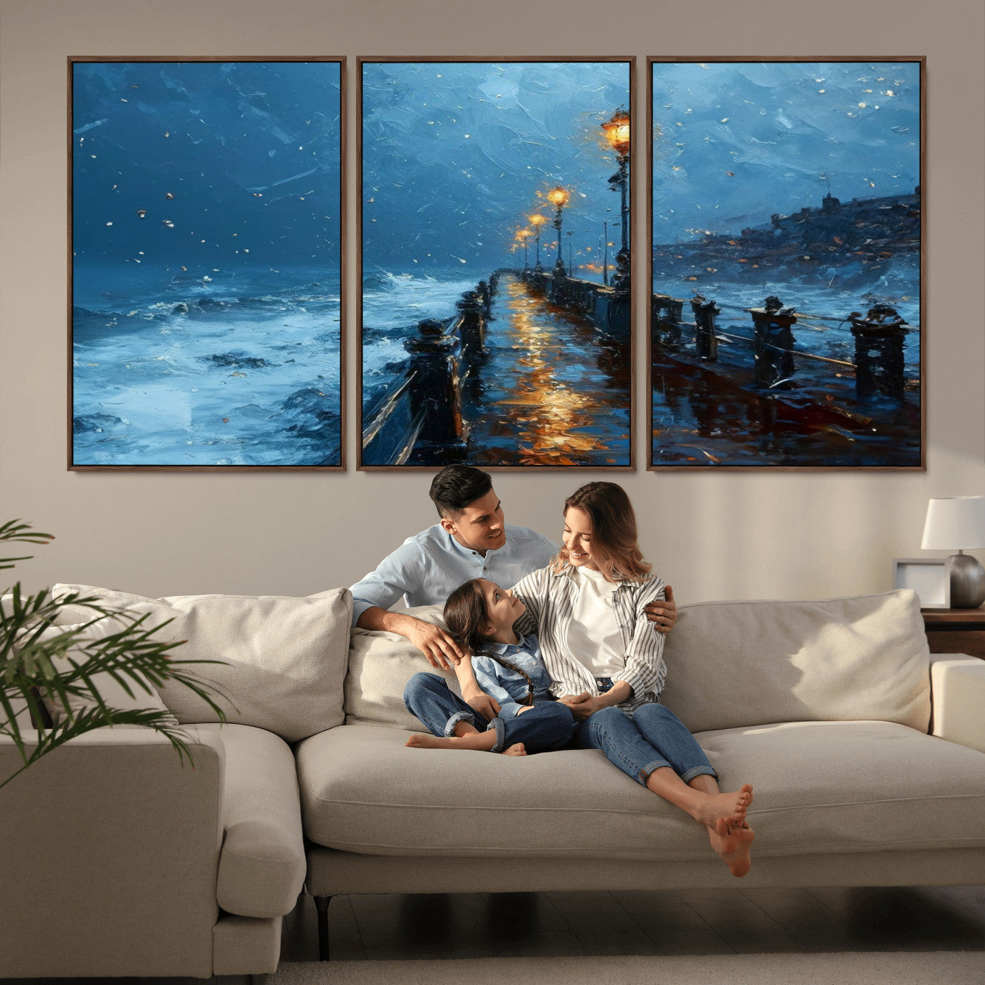 MGV-FC-60X30-3P - Stormy Night at Beach Pier Oil Painting Large Wall Art Print, Framed Canvas Nature Wall Decor,