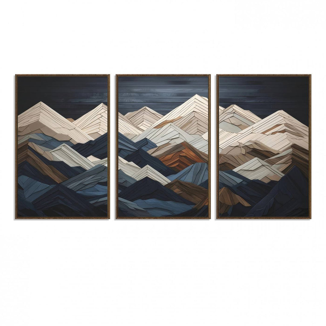 Abstract wood mountain range wall art in a 3-piece set featuring shades of blue, brown, and cream, ideal for modern rustic decor.