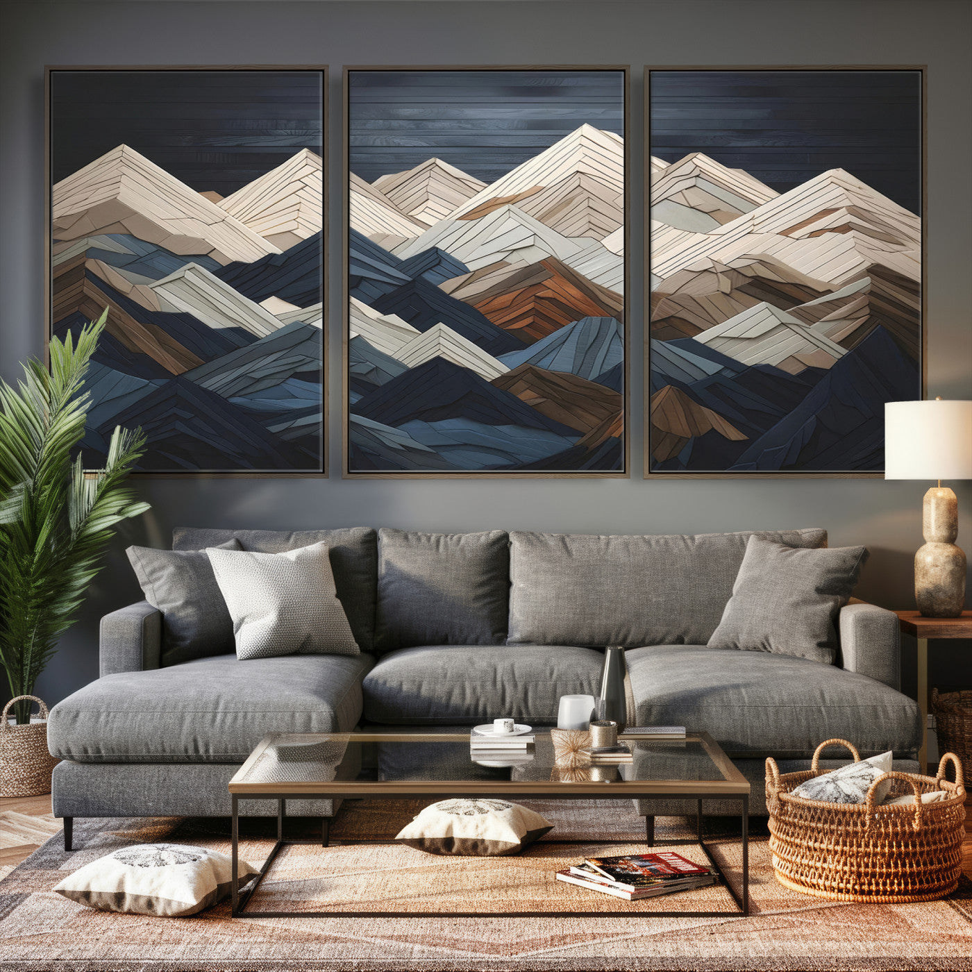 12896-MGV-CV-36X24 - Wood Mountain Range Wall Art - Ready to Hang 3-Piece Set for Modern Rustic Decor, Abstract Wooden