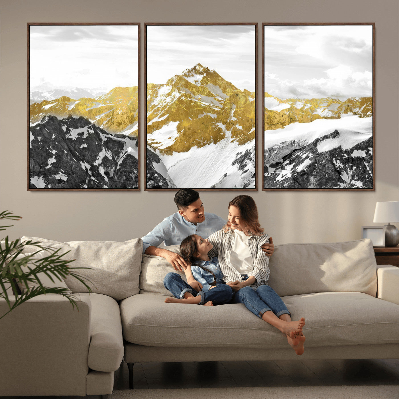 MGV-FC-60X30-3P - Gold Abstract Mountains Wall Art Print on Canvas, Nature Wall Art Print,