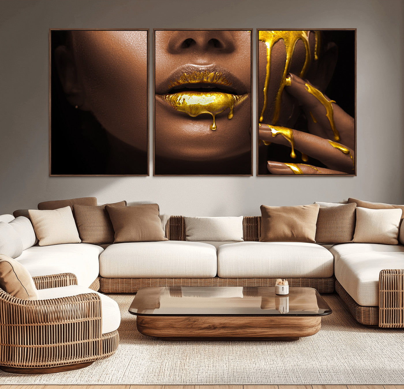 MGV-FC-60X30-3P - African American Art Black Woman Canvas Print, African Wall Art, Fashion African Woman Gold Lips