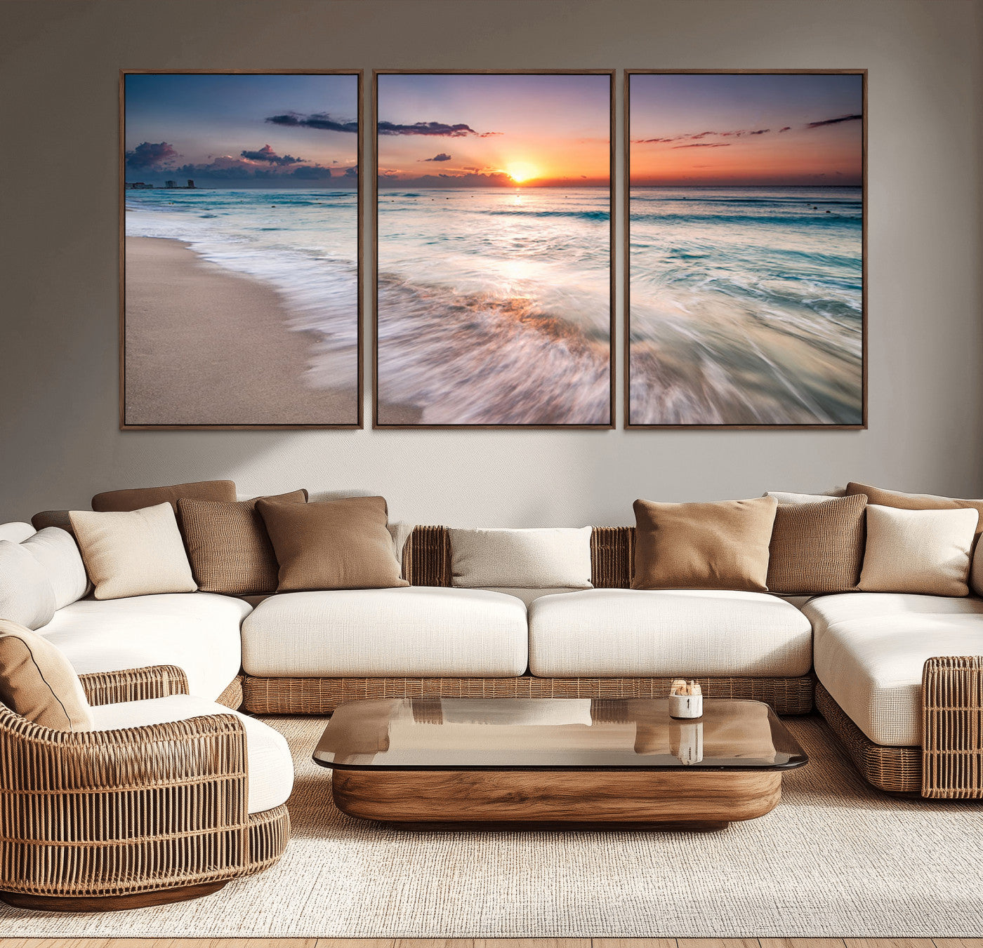 MGV-FC-60X30-3P - Sunset Beach Wall Art – Soothing Coastal Landscape, Ready to Hang for Tranquil Home Decor