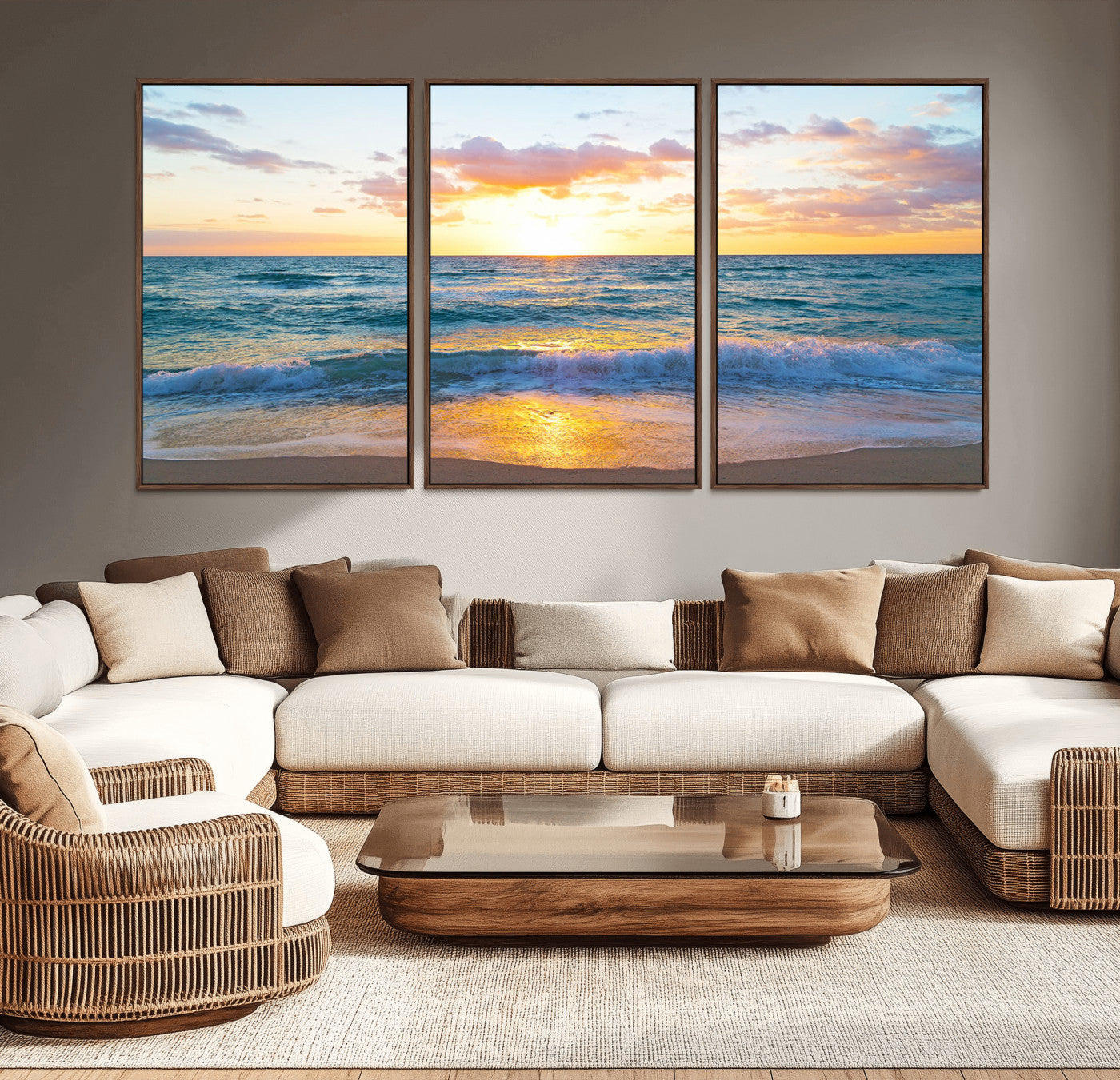 MGV-FC-60X30-3P - Golden Sunset Over Ocean Waves - Serene Coastal Triptych Wall Art for Relaxing Home Decor, Ready to